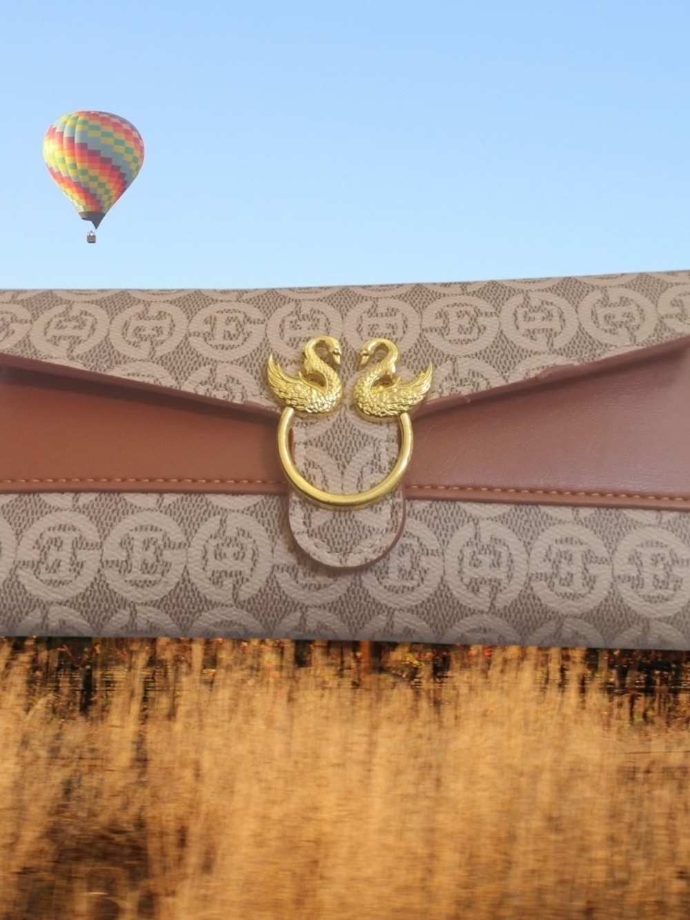 Monogram Envelope Clutch with Gold Swan Ring Detail - Beige & Tan